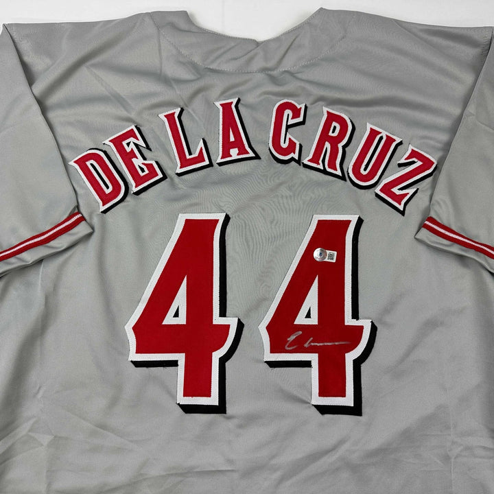 Autographed/Signed Elly De La Cruz Cincinnati Grey Jersey Beckett COA