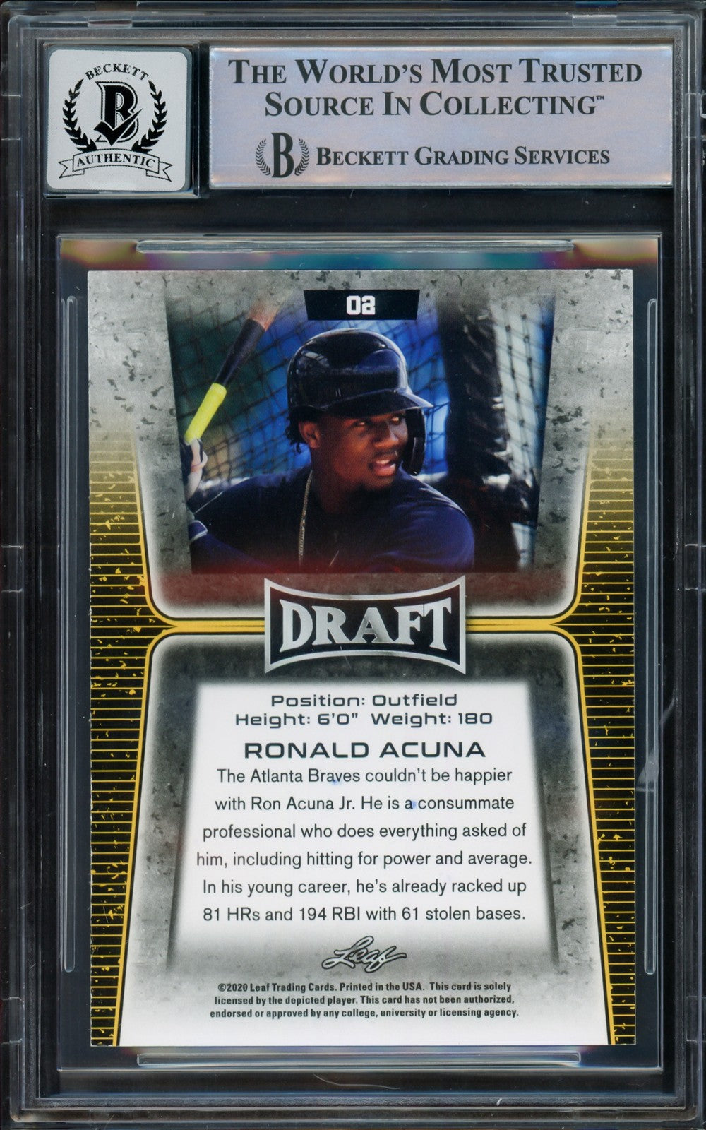 Ronald Acuna Jr. Signed 2020 Leaf Draft Gold Card #2 Braves Auto GM 10 Beckett
