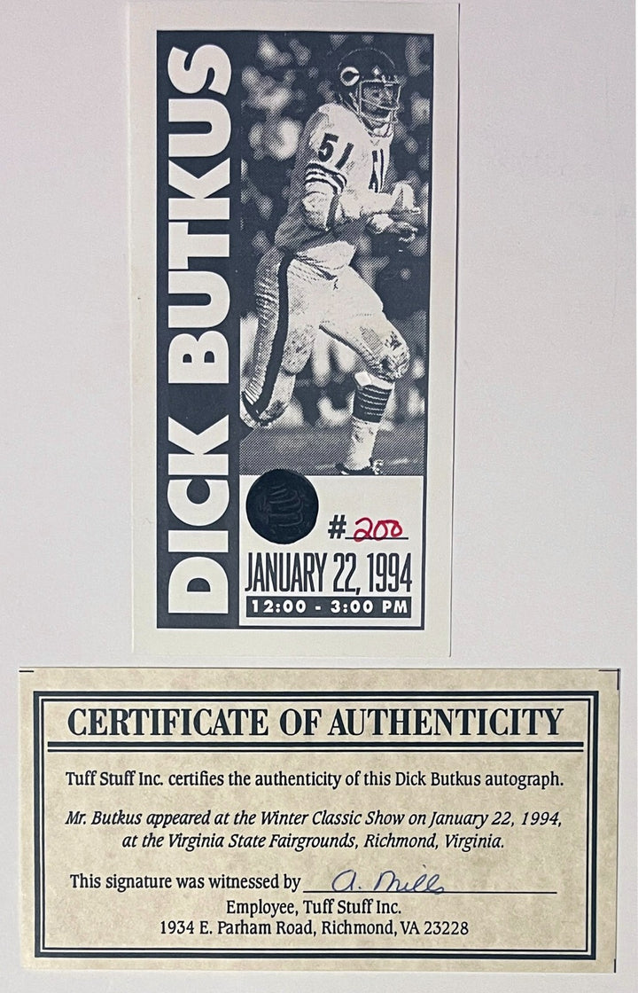 Dick Butkus signed Chicago Bears NFL 8x10 Photo #51- Tuff Stuff COA/Show Ticket