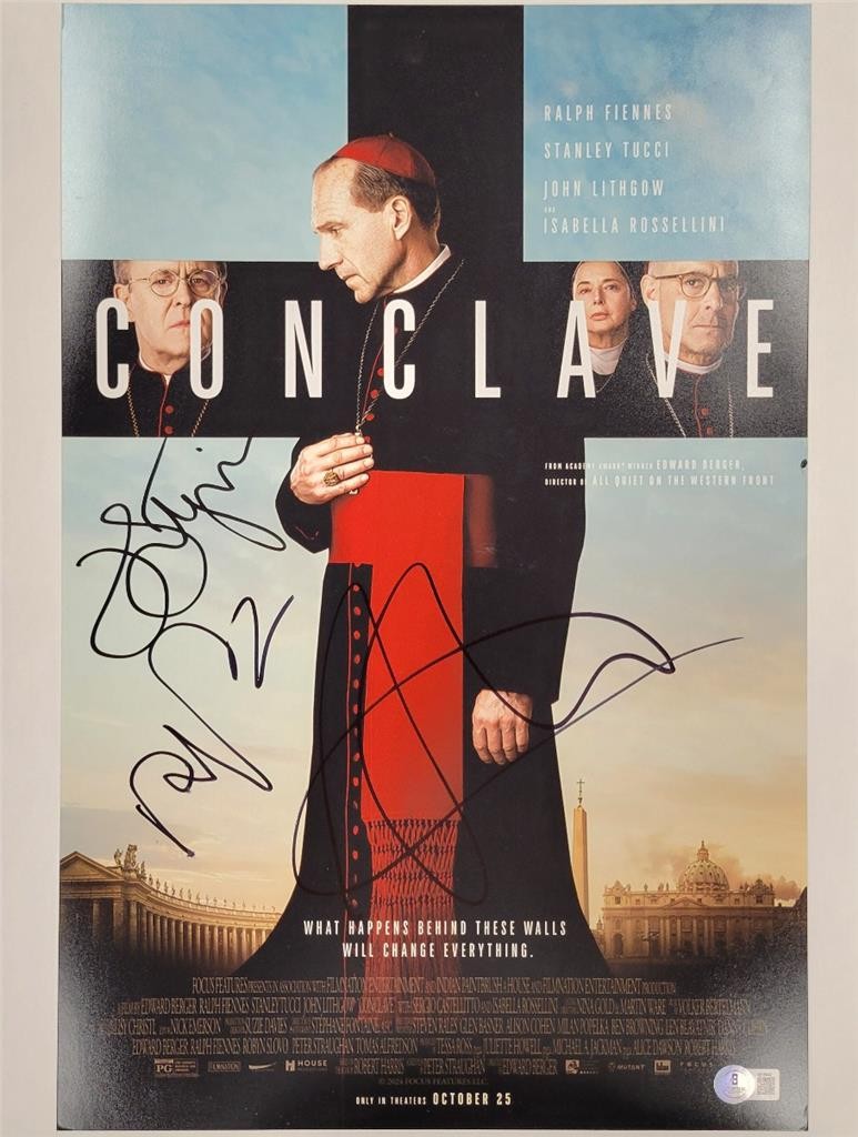 Conclave Cast (3) signed 12x18 photo poster Fiennes Tucci Lithgow B~ Beckett BAS