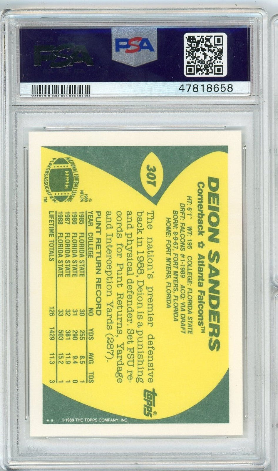 Graded 1989 Topps Traded Deion Sanders #30TTTT Rookie RC Card PSA 9