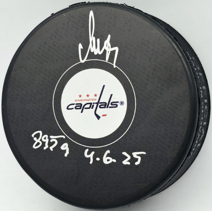 Alex Ovechkin Signed Capitals Logo Puck Capitals "895G 4.6.25" Fanatics Holo