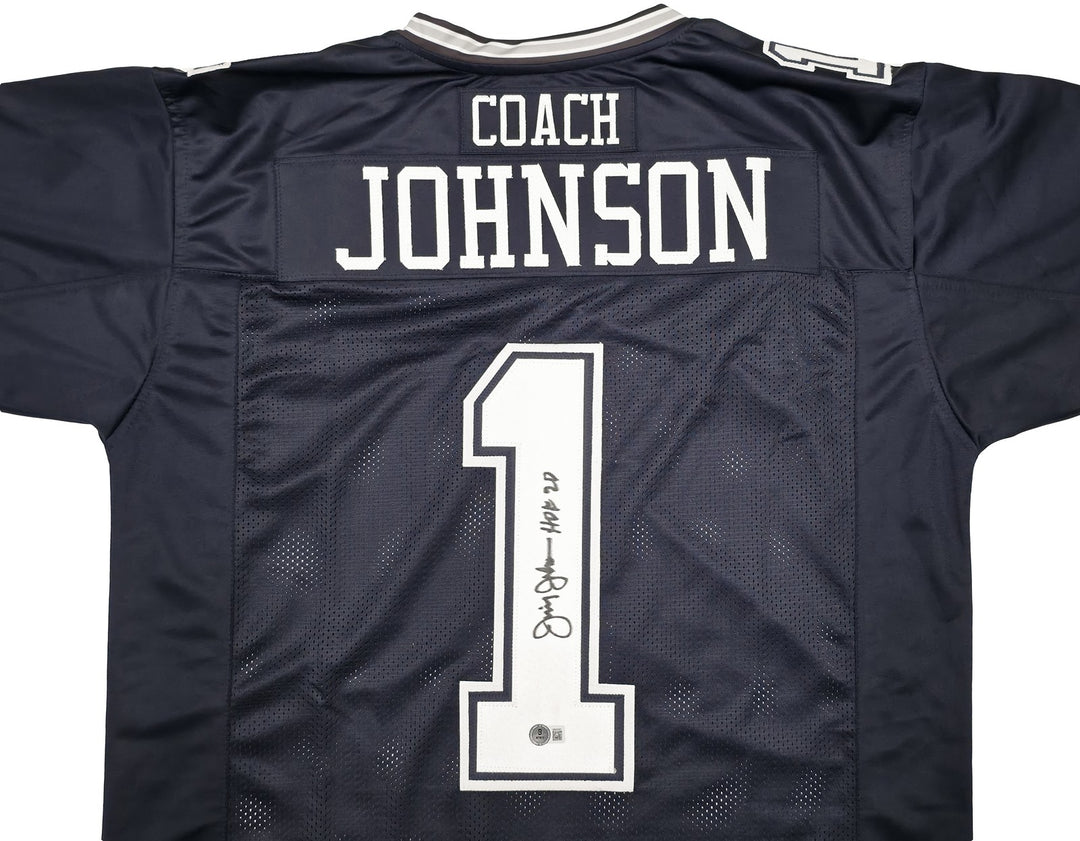 Dallas Cowboys Jimmy Johnson Signed Blue Jersey "HOF 20" Beckett Witness