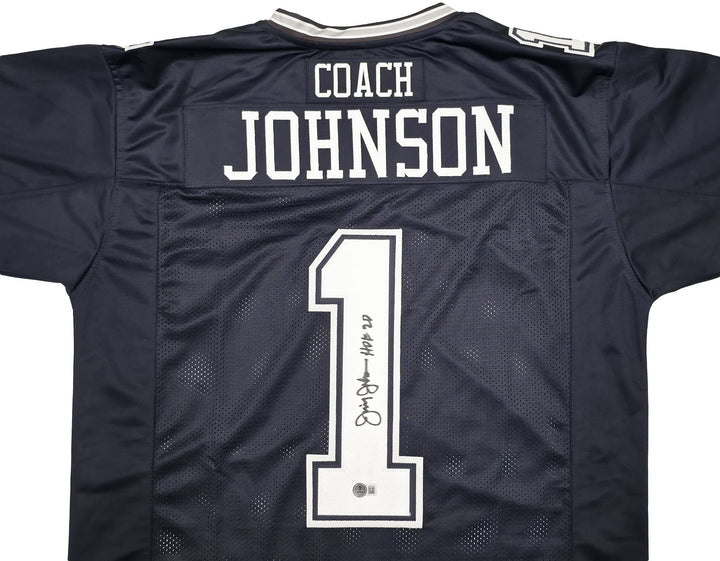 Dallas Cowboys Jimmy Johnson Signed Blue Jersey "HOF 20" Beckett Witness