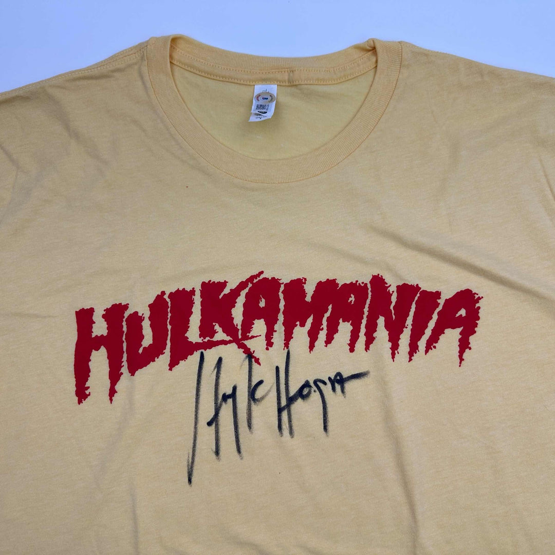 Autographed/Signed Hulk Hogan Hulkamania Yellow Shirt T-Shirt Beckett BAS COA