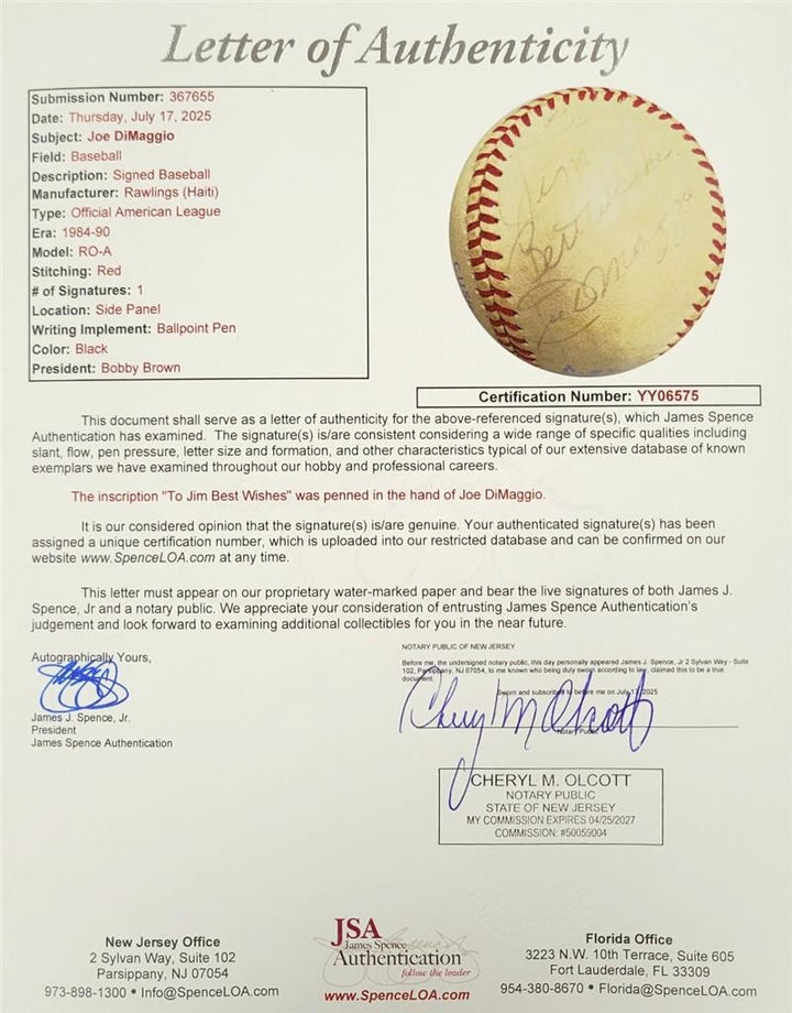 Joe DiMaggio signed "To Jim" Official American League AL Baseball autograph~ JSA