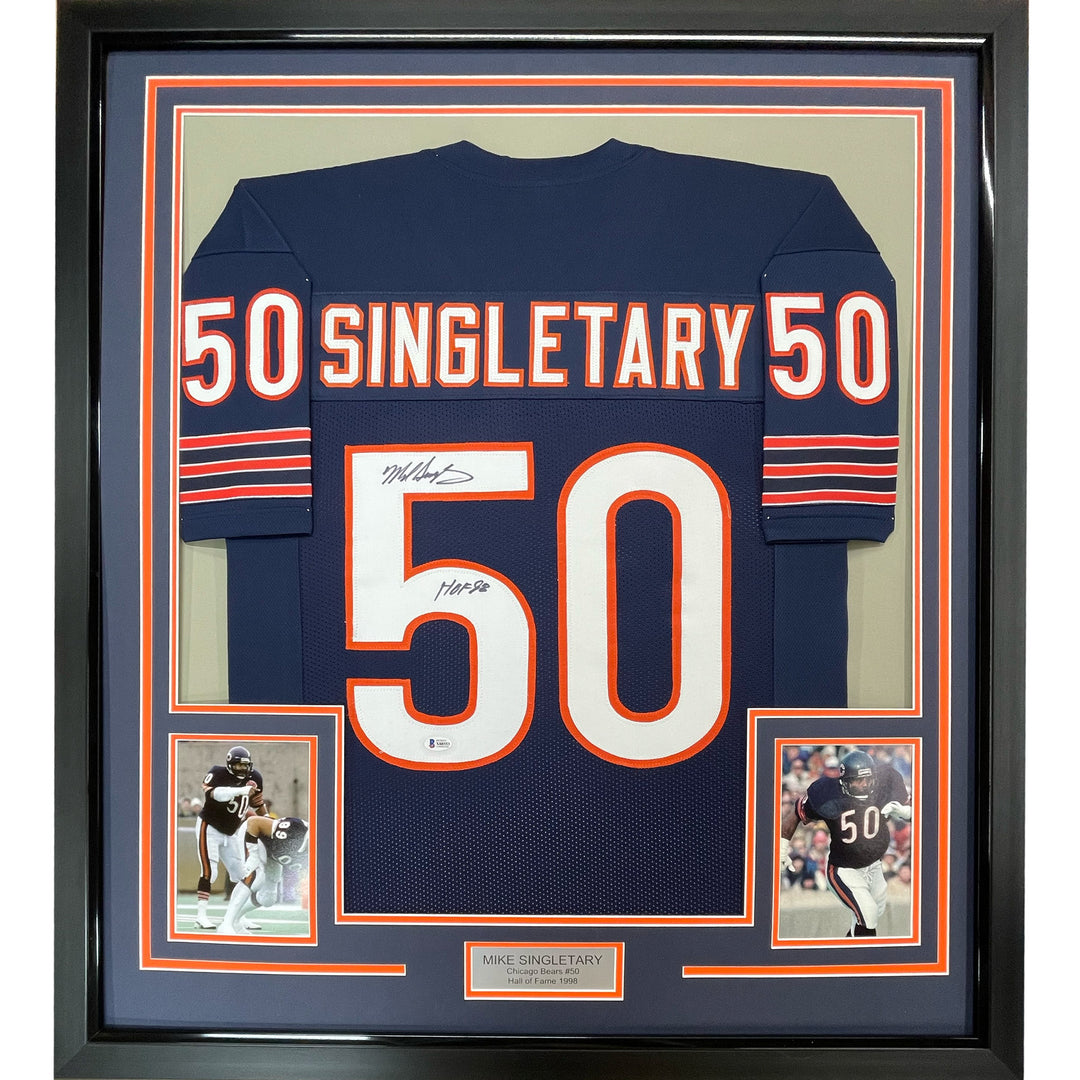 FRAMED Autographed/Signed MIKE SINGLETARY HOF 33x42 Chicago Blue Jersey JSA COA
