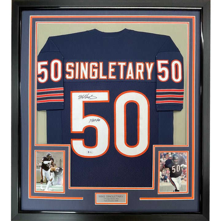 FRAMED Autographed/Signed MIKE SINGLETARY HOF 33x42 Chicago Blue Jersey JSA COA