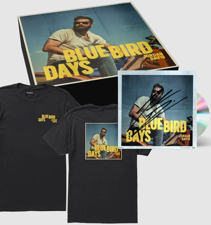 Jordan Davis signed 2023 Bluebird Days 4x4 Photo Art Card CD /Tshirt Box Set COA