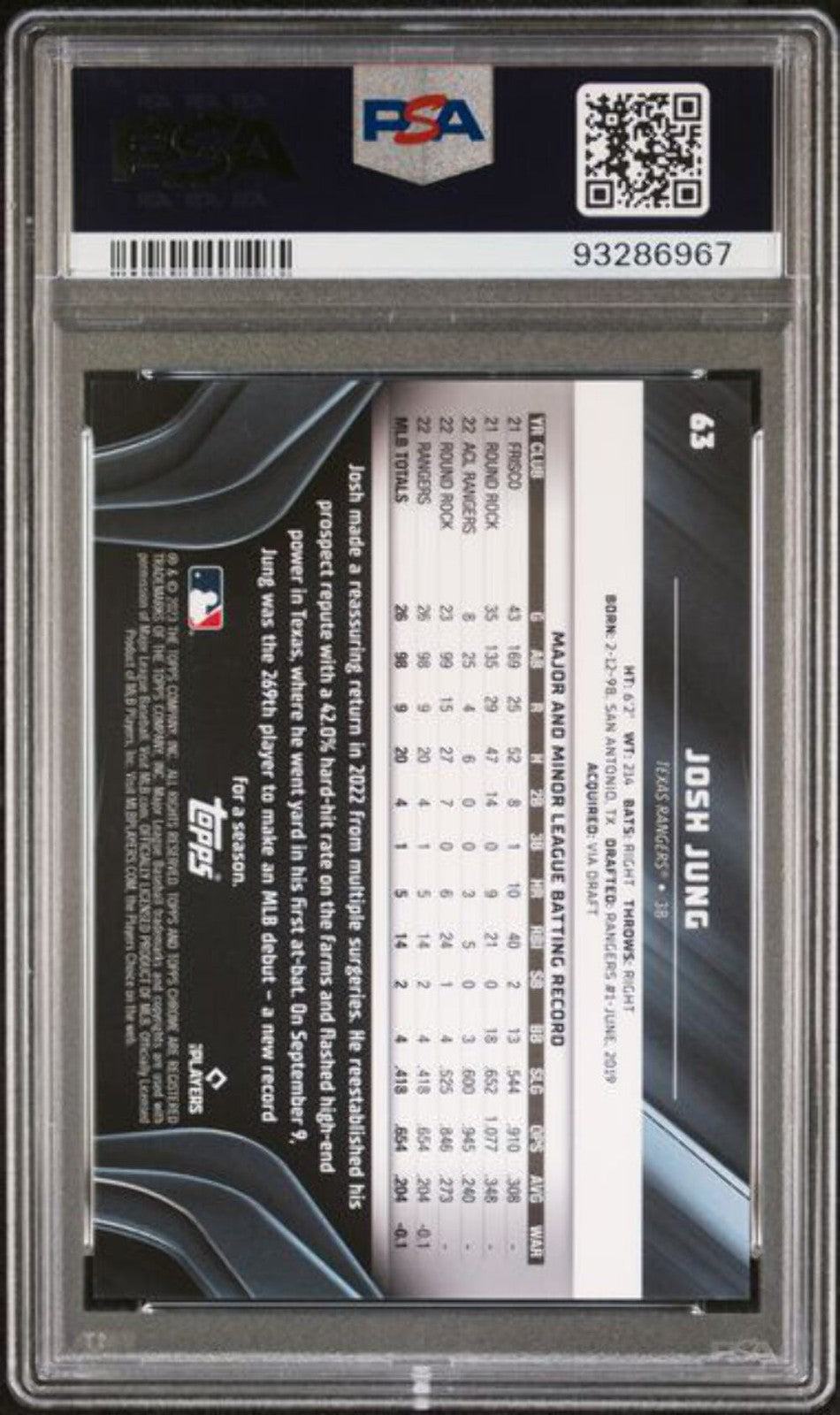 Graded 2023 Topps Chrome Black Josh Jung #63 /150 Purple Mini Rookie Card PSA 10