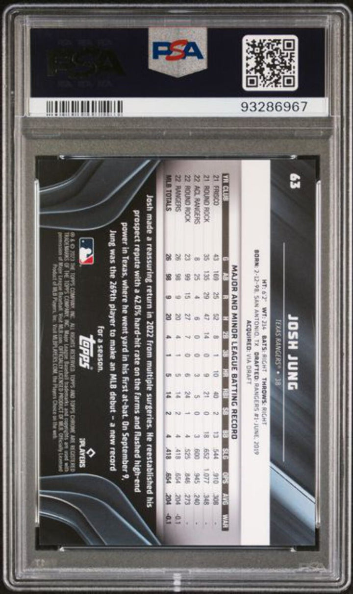 Graded 2023 Topps Chrome Black Josh Jung #63 /150 Purple Mini Rookie Card PSA 10