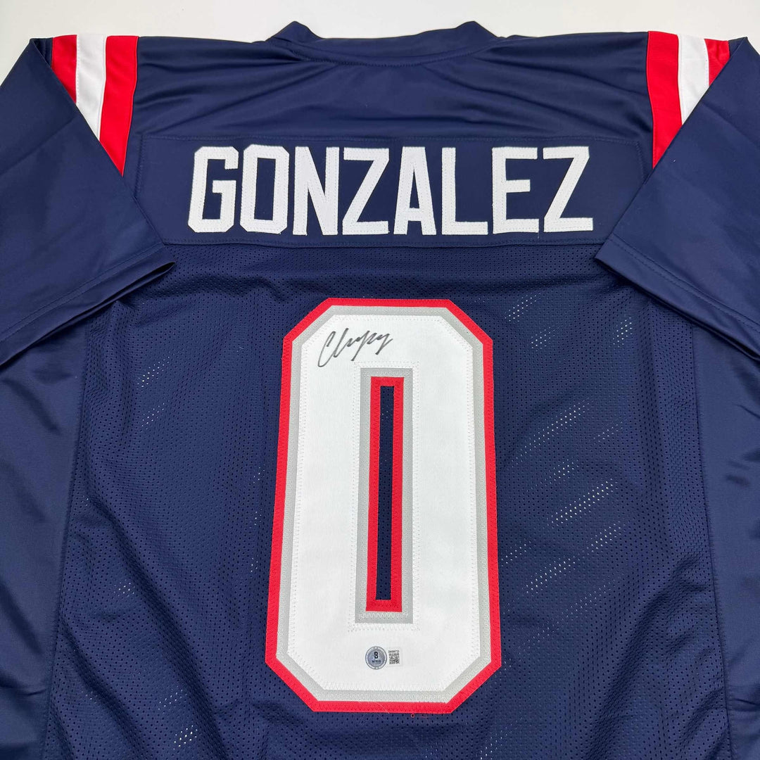 Autographed/Signed Christian Gonzalez New England Blue Football Jersey BAS COA