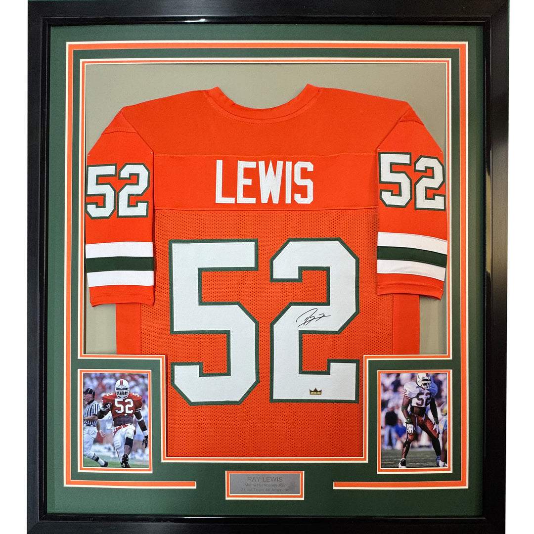 Framed Facsimile Autographed Ray Lewis 33x42 Orange Reprint Laser Auto Jersey