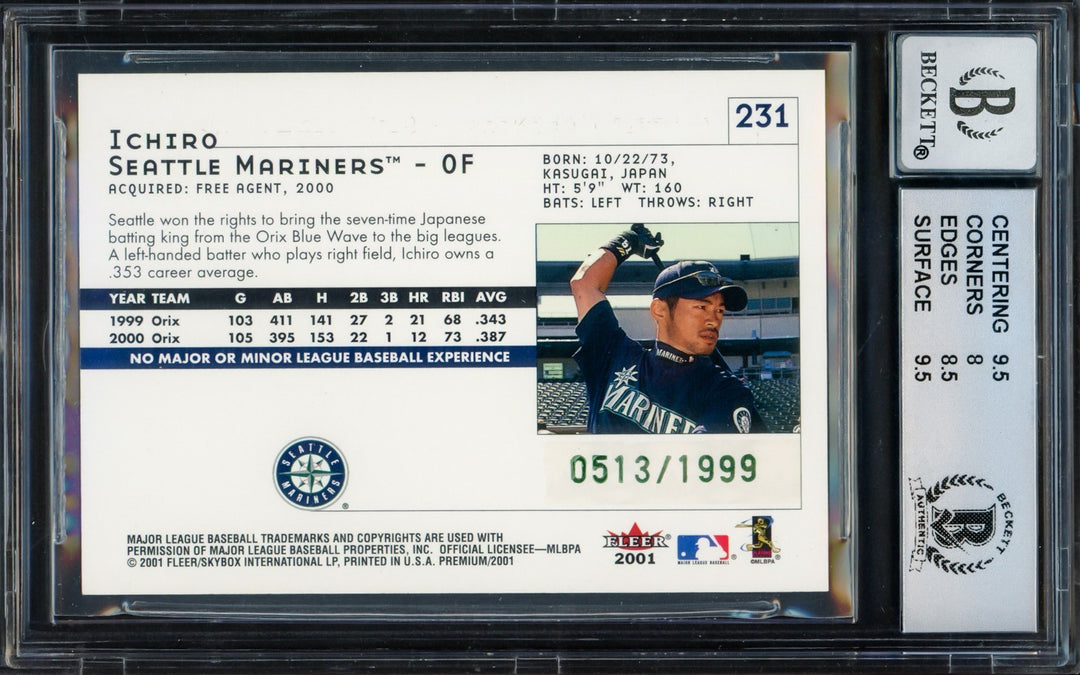 Ichiro Suzuki Signed 2001 Fleer Premium RC 231 BGS 8.5 Sig 10 #513/1999 Beckett