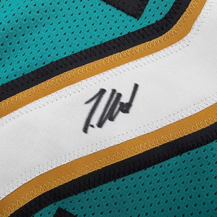 Autographed/Signed Travis Hunter Jacksonville Teal Retro Jersey Beckett BAS COA