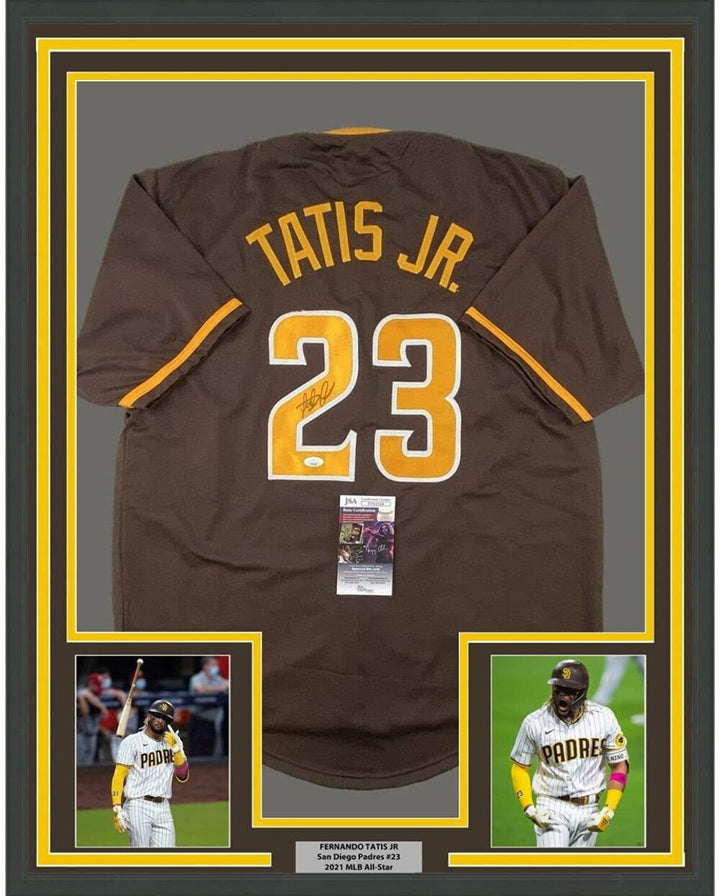 FRAMED Autographed/Signed FERNANDO TATIS JR. 33x42 Brown Jersey JSA COA