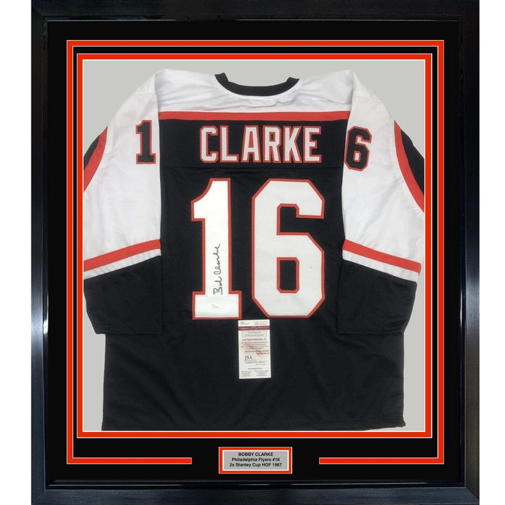 Framed Signed Bob Bobby Clarke 35x39 Philadelphia Jersey JSA COA