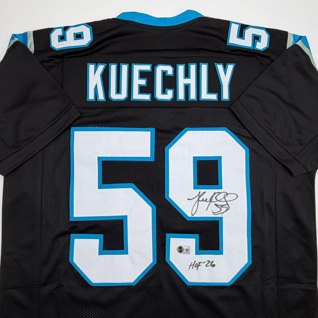 Autographed/Signed Luke Kuechly HOF Carolina Black Jersey Beckett BAS COA