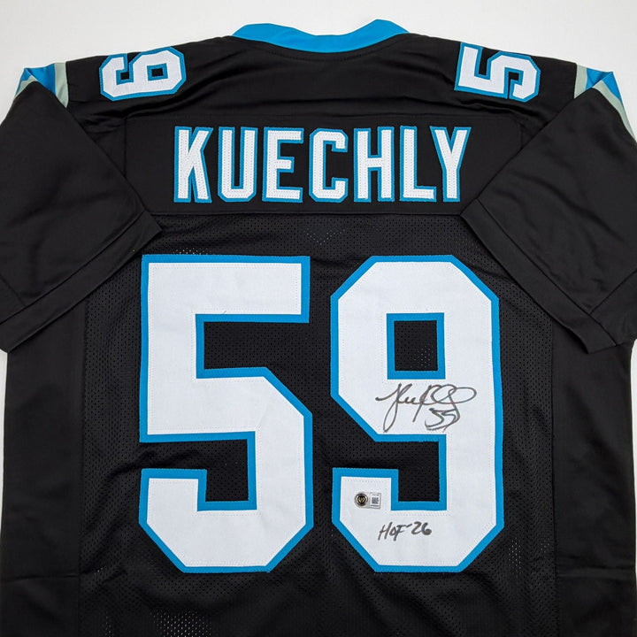 Autographed/Signed Luke Kuechly HOF Carolina Black Jersey Beckett BAS COA