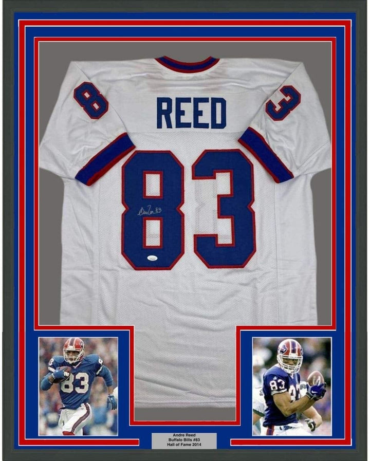 FRAMED Autographed/Signed ANDRE REED 33x42 Buffalo White Jersey JSA COA