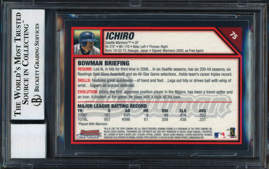 Ichiro Suzuki Auto 2007 Bowman Chrome Card 75 Mariners Auto 10 Beckett #12491473