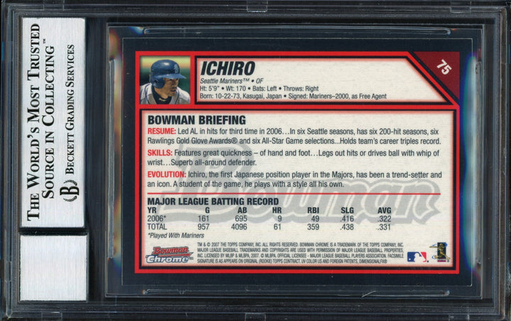 Ichiro Suzuki Auto 2007 Bowman Chrome Card 75 Mariners Auto 10 Beckett #12491473