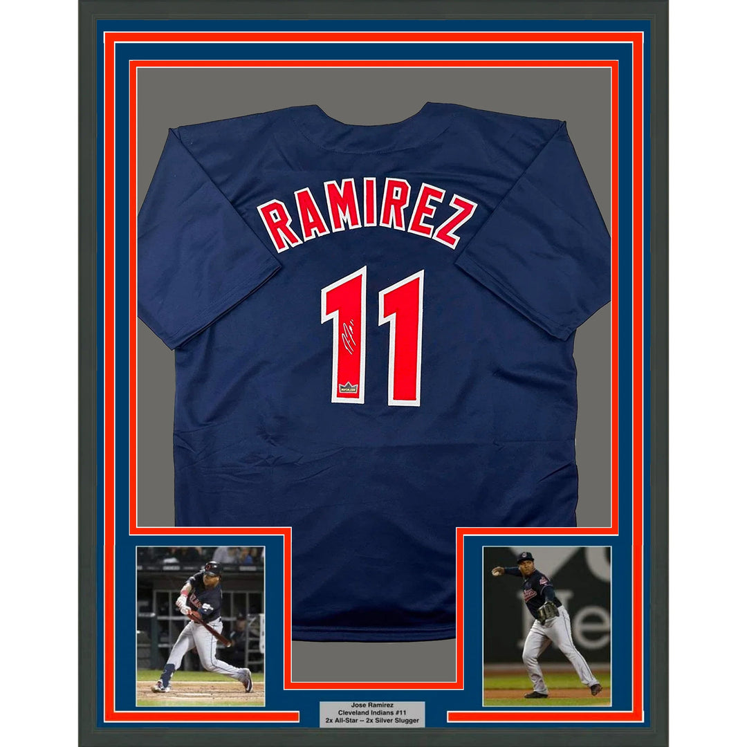 Framed Facsimile Autographed Jose Ramirez 33x42 Blue Reprint Laser Auto Jersey