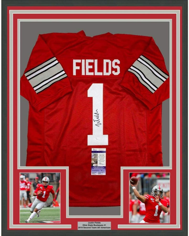 Framed Autographed/Signed Justin Fields 35x39 Ohio State Red Jersey JSA COA