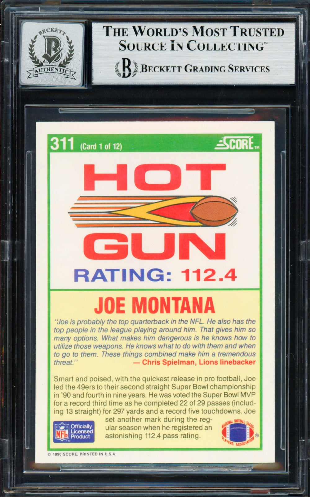 Joe Montana Signed 1990 Score Card 311 San Francisco 49ers Auto GM 10 Beckett