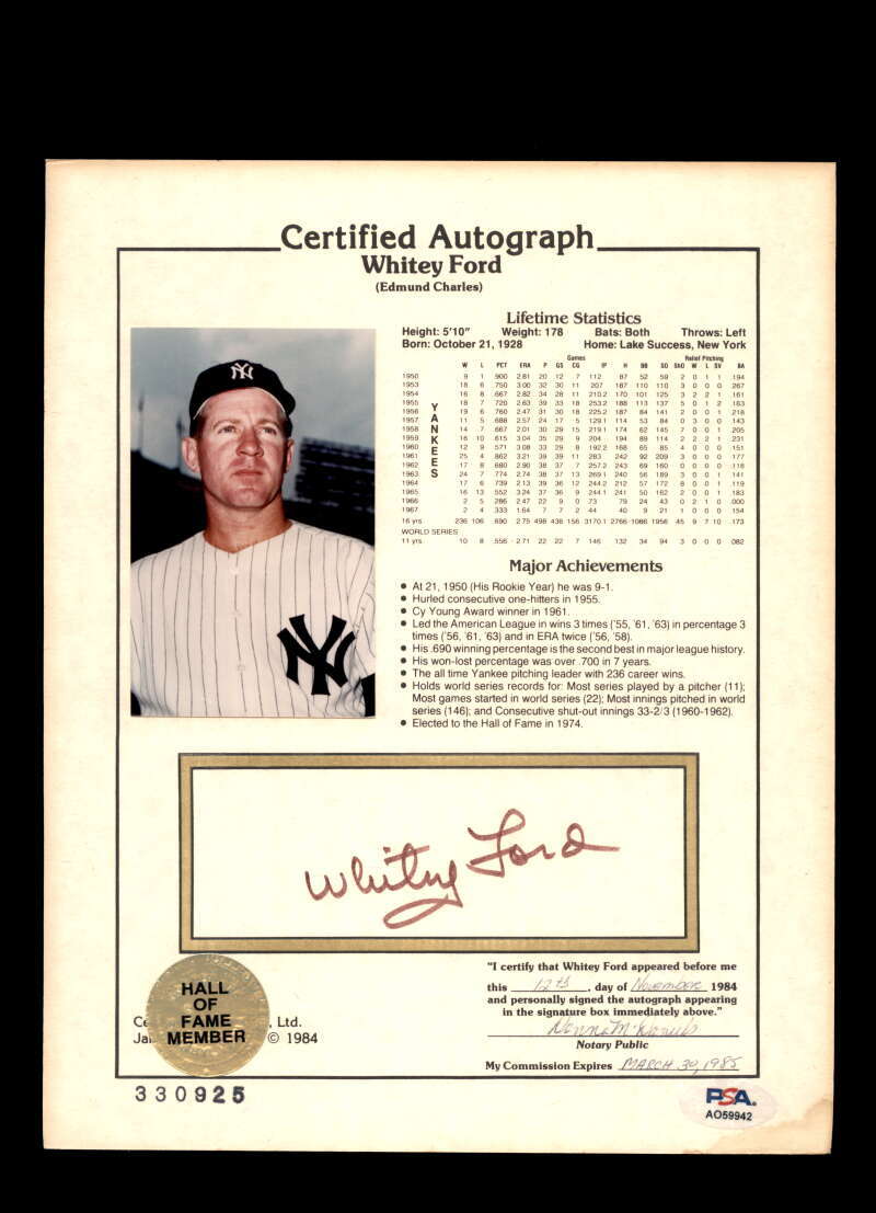 Whitey Ford PSA DNA Signed 8x10 Hall of Fame Stat Photo Autograph Yankees