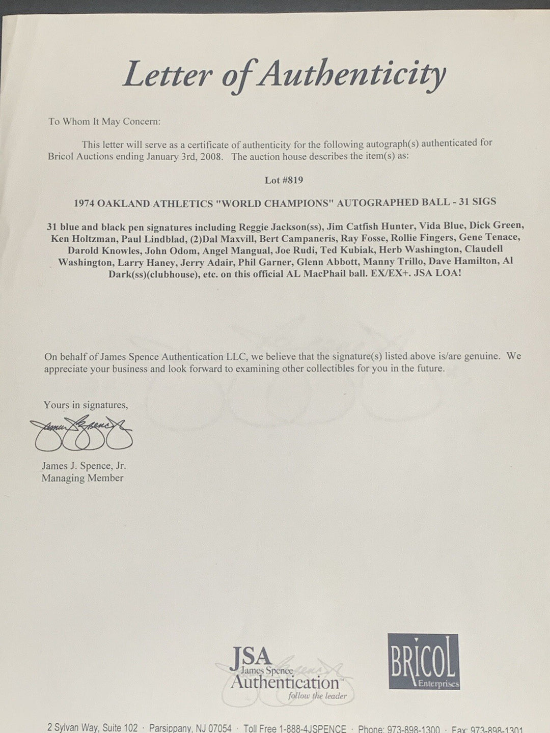 1974 Oakland A's WS Team Signed Baseball 31 Auto Reggie Jackson Jim Hunter Jsa