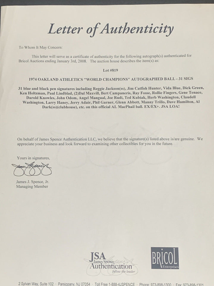 1974 Oakland A's WS Team Signed Baseball 31 Auto Reggie Jackson Jim Hunter Jsa