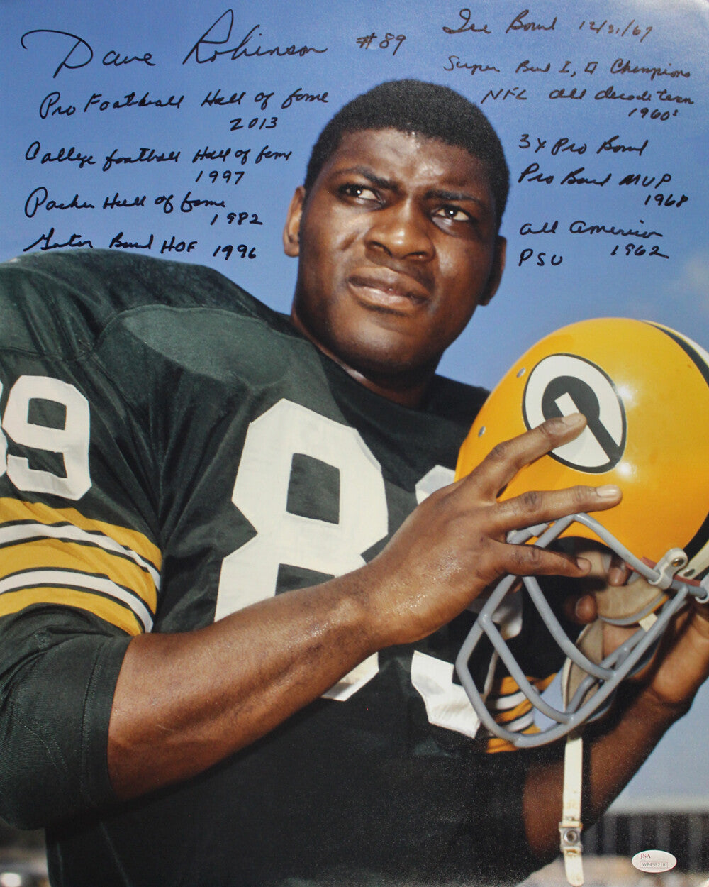 Dave Robinson Autographed Green Bay Packers 16x20 Photo 10 Insc JSA 33486