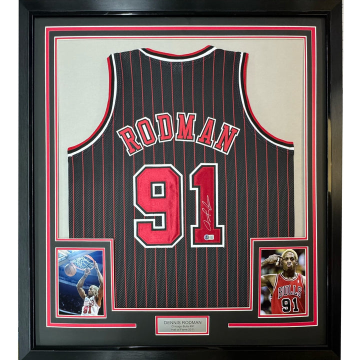 FRAMED Signed DENNIS RODMAN 35x39 Chicago Pinstripe Jersey PSA COA