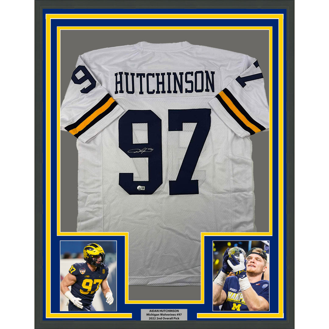 Framed Autographed/Signed Aidan Hutchinson 33x42 Michigan White Jersey BAS COA