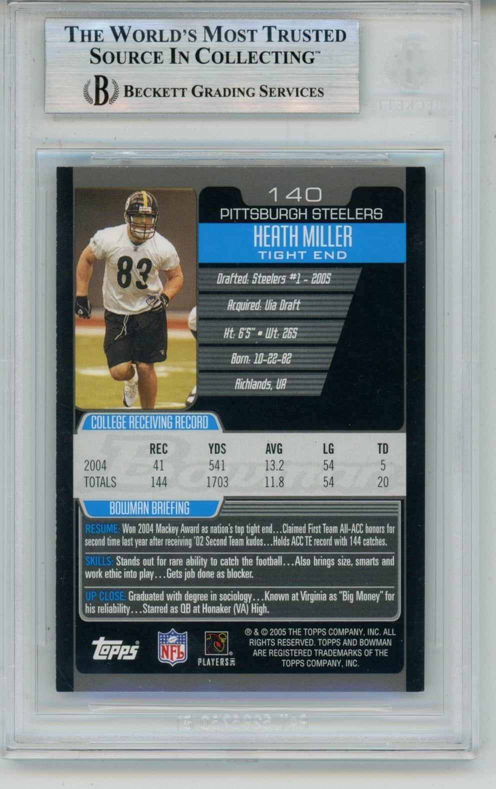 Heath Miller Autographed 2005 Bowman #140 Trading Card Slab Beckett 57096