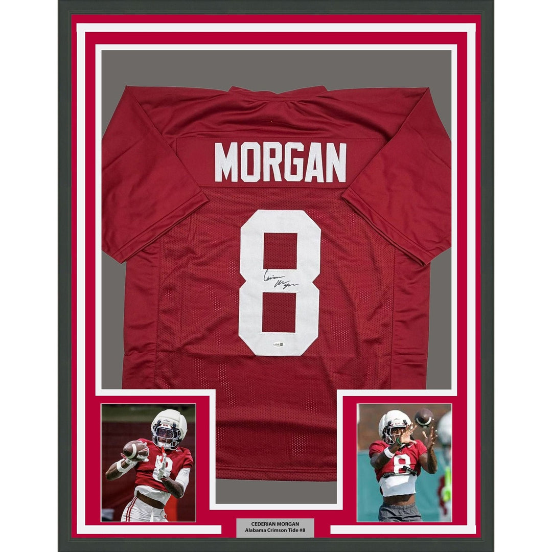 Framed Autographed/Signed Cederian Morgan 35x39 Alabama Red Jersey JSA COA