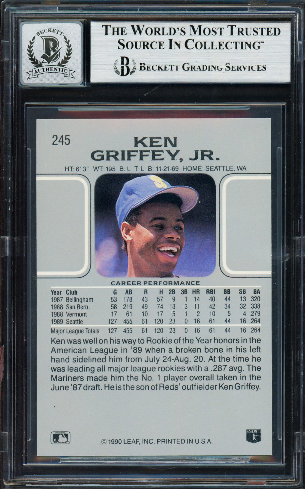 Ken Griffey Jr. Signed 1990 Leaf Card 245 Seattle Mariners Auto GM 10 Beckett