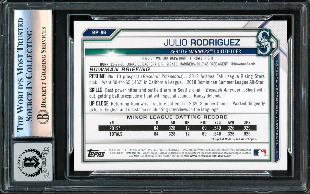 Julio Rodriguez Auto 2021 Bowman Prospects Card BP86 Mariners Auto GM 10 Beckett