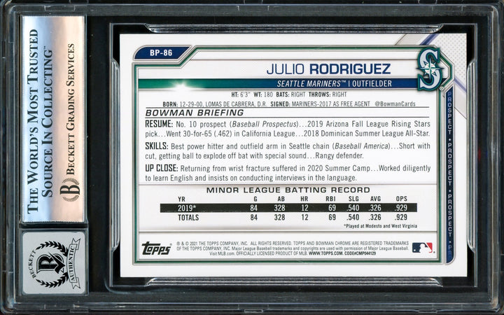 Julio Rodriguez Auto 2021 Bowman Prospects Card BP86 Mariners Auto GM 10 Beckett