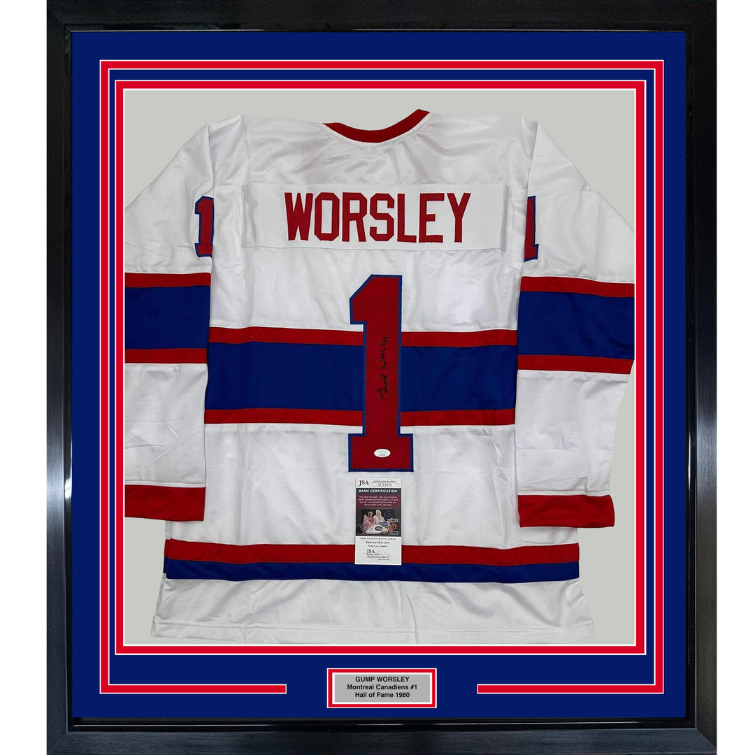 Framed Autographed/Signed Gump Worsley 35x39 Montreal White Jersey JSA COA