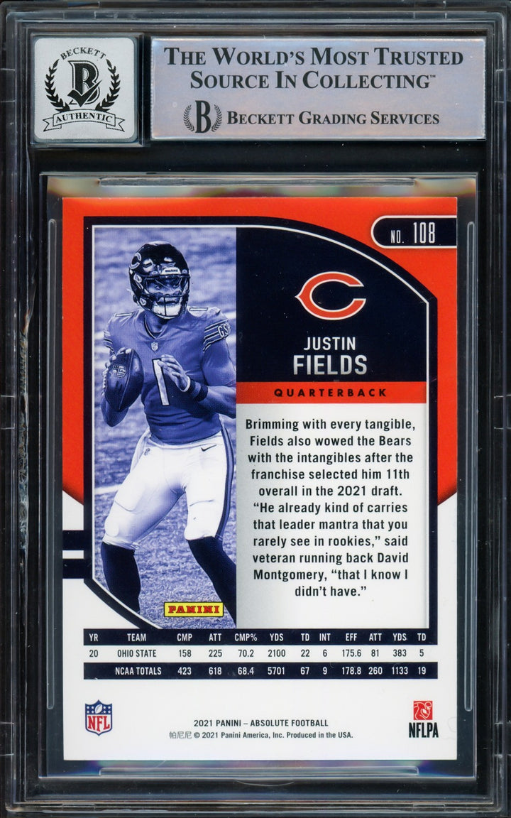 Justin Fields Auto 2021 Panini Absolute Football RC 108 Bears Auto GM 10 Beckett