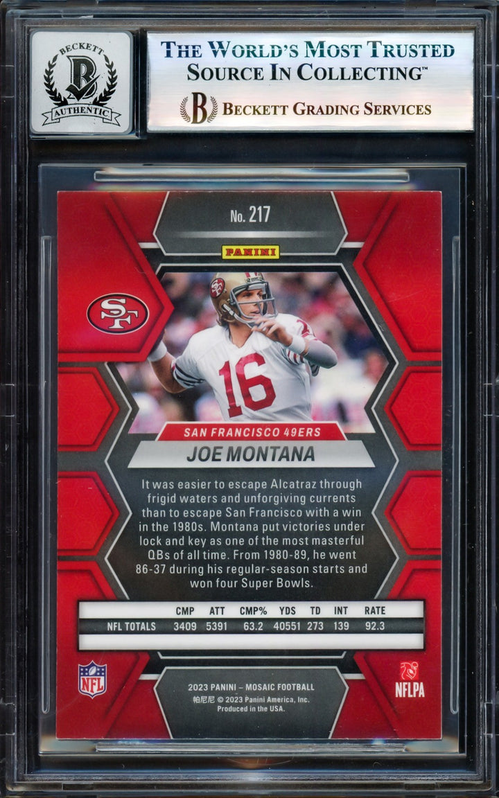 Joe Montana Auto 2023 Panini Mosaic Card 217 49ers Auto GM 10 Beckett #17604883