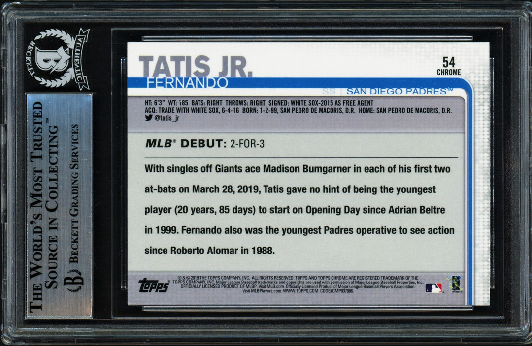 Fernando Tatis Jr. Auto 2019 Topp Chrome Update RC 54 Padres (Bubbling) Beckett