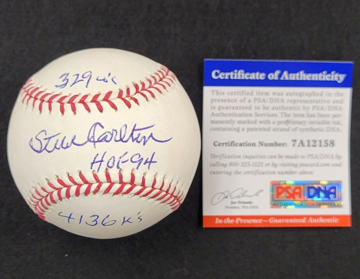 STEVE CARLTON Signed 3-inscription STAT MLB Baseball LE # /32 ~ PSA Witness COA