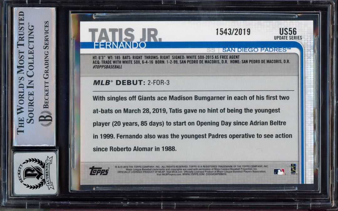Fernando Tatis Jr. Signed 2019 Topps Update Gold RC US56 BGS 8.5 Sig 8 Beckett