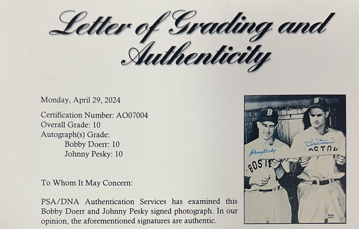 Johnny Pesky Bobby Doerr Signed 8x10 Photo PSA 10 Gem Mint Auto Red Sox LOA HOF