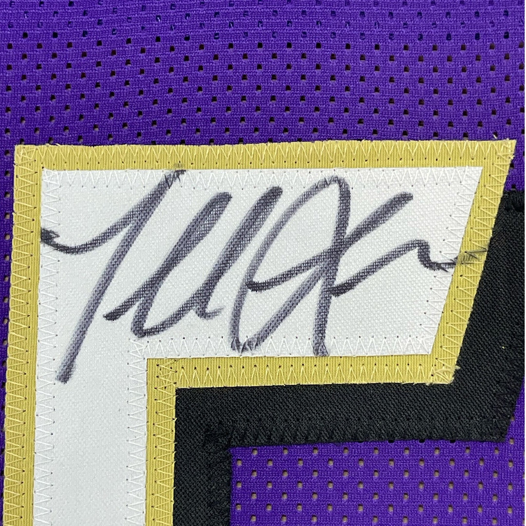 Framed Signed Terrell Suggs 35x39 Baltimore Purple Jersey JSA COA
