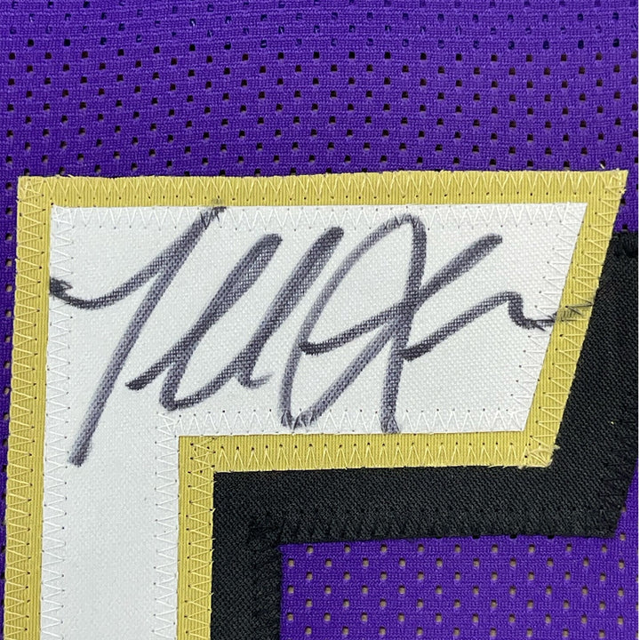 Framed Signed Terrell Suggs 35x39 Baltimore Purple Jersey JSA COA