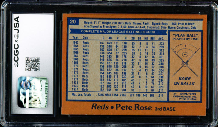 Pete Rose Signed 1978 Topps Card 20 Cincinnati Reds Grade 7 CGC x JSA